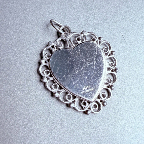 Sterling Silver 925 Large Heart Tag Lace Filigree Framed Charm Pendant - Picture 2 of 5